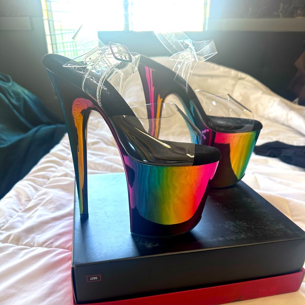 Pleaser: FLAM808RC/C/RBOWCH size 8. color: Rainbow Chrome 8in Heel